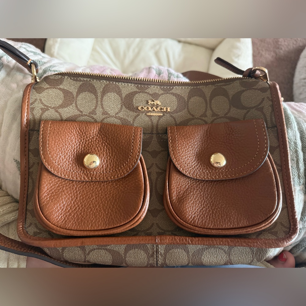 Coach Pennie Brown and Tan Signature bag with Coin Pouch